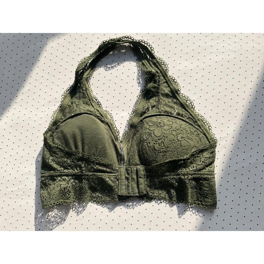 Aerie Lace Halter Bralette Olive Green Padded Wireless Bra‎ Women's Large